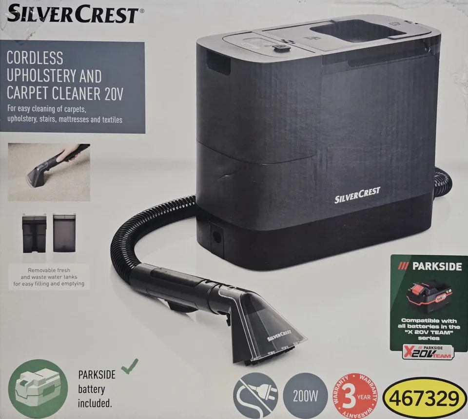 SilverCrest 20v Cordless Upholstery & Carpet Spot Cleaner - Parkside 4Ah Battery